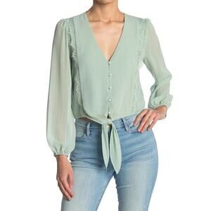WAYF Women's Lace Trim Knotted Long Sleeve Blouse Sage‎ Medium MSRP $59